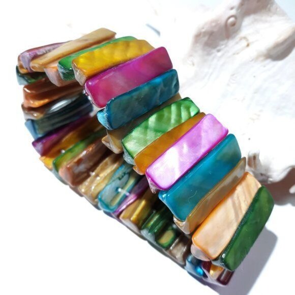 Rainbow MOP Shell Bracelet Stretch Cuff Pride Boho - Picture 3 of 6